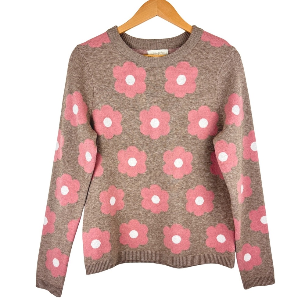 Cynthia Rowley‎ Pink Floral Daisy Knit Sweater Tan Crewneck Medium Cottagecore